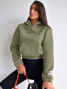 EURMUSE Cotton Women's Short Cropped Hoodie With Slogan Print And Drop Shoulder - Green - View 5