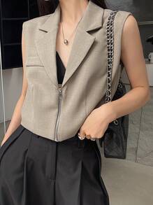 DAZY Women Zipper Sleeveless Vest Jacket, Minimalist Stylish Casual Everyday Wear Business Attire - Khaki - View 4