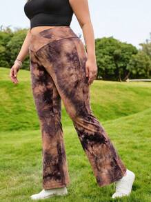 SHEIN EZwear Plus Size Tie Dye Flare Leg Pants, Casual Daily Wear