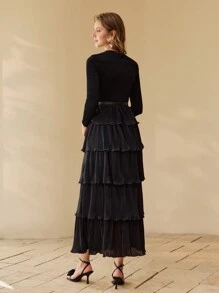 MOTF PREMIUM 褶饰荷叶边层叠下摆连衣裙 - 黑色 - 查看 4