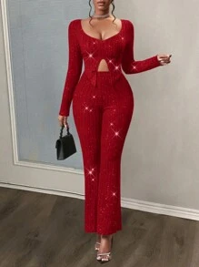 Slaydiva 女式长袖罗纹 T 恤和裤子套装，带开衩下摆设计 - 紅色 - 查看 1