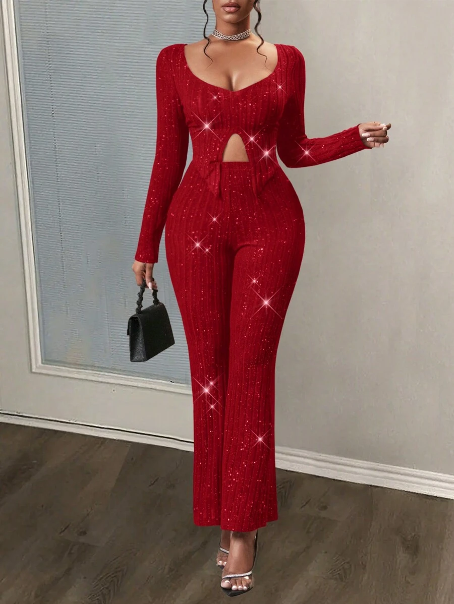 Slaydiva 女式长袖罗纹 T 恤和裤子套装，带开衩下摆设计 - 紅色 - 查看 1