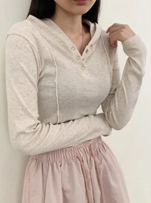 DAZY Women Front Button Long Sleeve Casual Slim Fit Hooded T-Shirt - Apricot - View 6