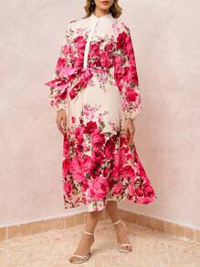SHEIN Clasi 优雅迷人的粉色花朵定位腰带衬衫裙，情人节装 - 彩色 - 查看 5