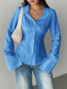SHEIN Unity 女士休闲条纹纹理衬衫，秋季 - 藍色 - 查看 4