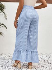 SHEIN Maternity Ruffle Hem Pleated Striped Casual Pants, Everyday Wear - Baby Blue - View 5