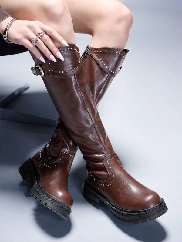 Cuccoo CUCCOO GRLICON Damen Cowboy Stiefel mit rundem Zehenbereich, komfortabel, braune dicke Sohle, hoher Schaft, klobiger westlicher Stil Kniehohe Stiefel