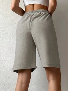 RueChic Cotton Cartoon Graphic Drawstring Waist Track Shorts - Light Grey - View 2