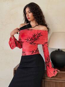 EastFlair Áo thun dài tay trễ vai thường ngày cho nữ, thời trang tối giản để mặc hàng ngày - Đỏ - Xem 3