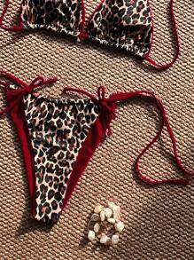 Swim SXY Summer Leopard Print Bowknot Front Halter Spaghetti Strap Bikini Swimwear Set For Women