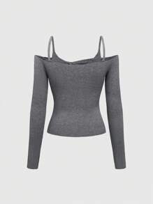 ROMWE Kawaii Suéter gris para mujer con mangas largas elásticas, cuello de volantes con lazo, hombros descubiertos y cintura elástica, de estilo elegante y dulce de primavera