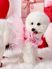 PETSIN 1pc Pink Heart Print Peplum Tulle Bow Decor Cute Princess Dog Dress, Fits Most Pets, Valentines Day' - Multicolor - View 4