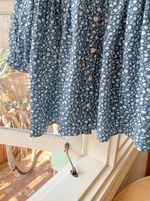 Blossori Young Girls' French Elegant Blue Ditsy Floral Color Block Collar Loose Woven Dress, Spring/Summer