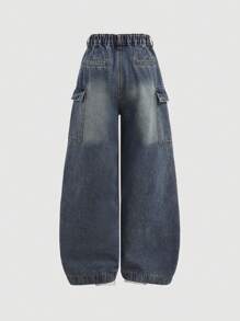 SHEIN Tween Girls' Y2K Fashion Vintage Washed Multi-Pocket Pleated Distressed Cargo Jeans Baggy Wide Leg Pants, Tween Girl Fall Winter Clothes Back To School Streetwear Outfits - Medium Wash - View 2