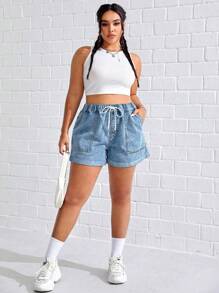 SHEIN EZwear 大码系带前口袋休闲牛仔短裤，日常穿着 - 淺色水洗藍 - 查看 4