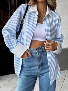 Camisa de manga larga a rayas, casual y de moda para uso diario - Azul - Ver 1