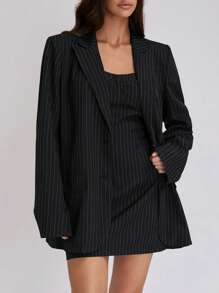 SHEIN Unity Women's Front Button Long Sleeve Lapel Neck Striped Minimalist Blazer Fall Cloth For Women - Black - View 3