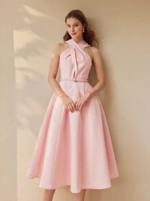 MOTF PREMIUM 优雅交叉无袖连衣裙 - 粉色 - 查看 4