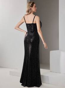 SHEIN Belle Vestido de noche elegante formal de lujo con suspensores finos, diseño de lentejuelas elásticas negras, para fiesta, cóctel y cena (artesanía exquisita). Vestido largo con volumen extra de cola de pez, con diseño de flor 3D, para graduación y eventos de boda