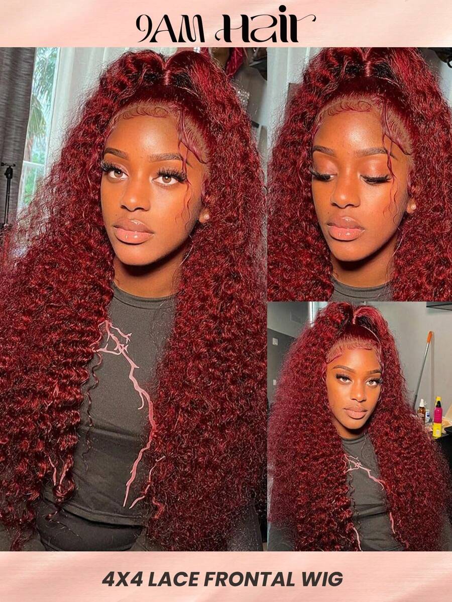 Transparent Lace Front Pre Plucked Water Curly Wave 4 X 4 Human Hair Wig 99J 150% Density Frontal Wig For Women Burgundy Color