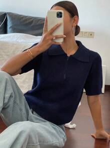 Livesso 女士修身纯色 Polo 领拉链短袖针织上衣，休闲，秋装，返校服 - 藏蓝色 - 查看 6