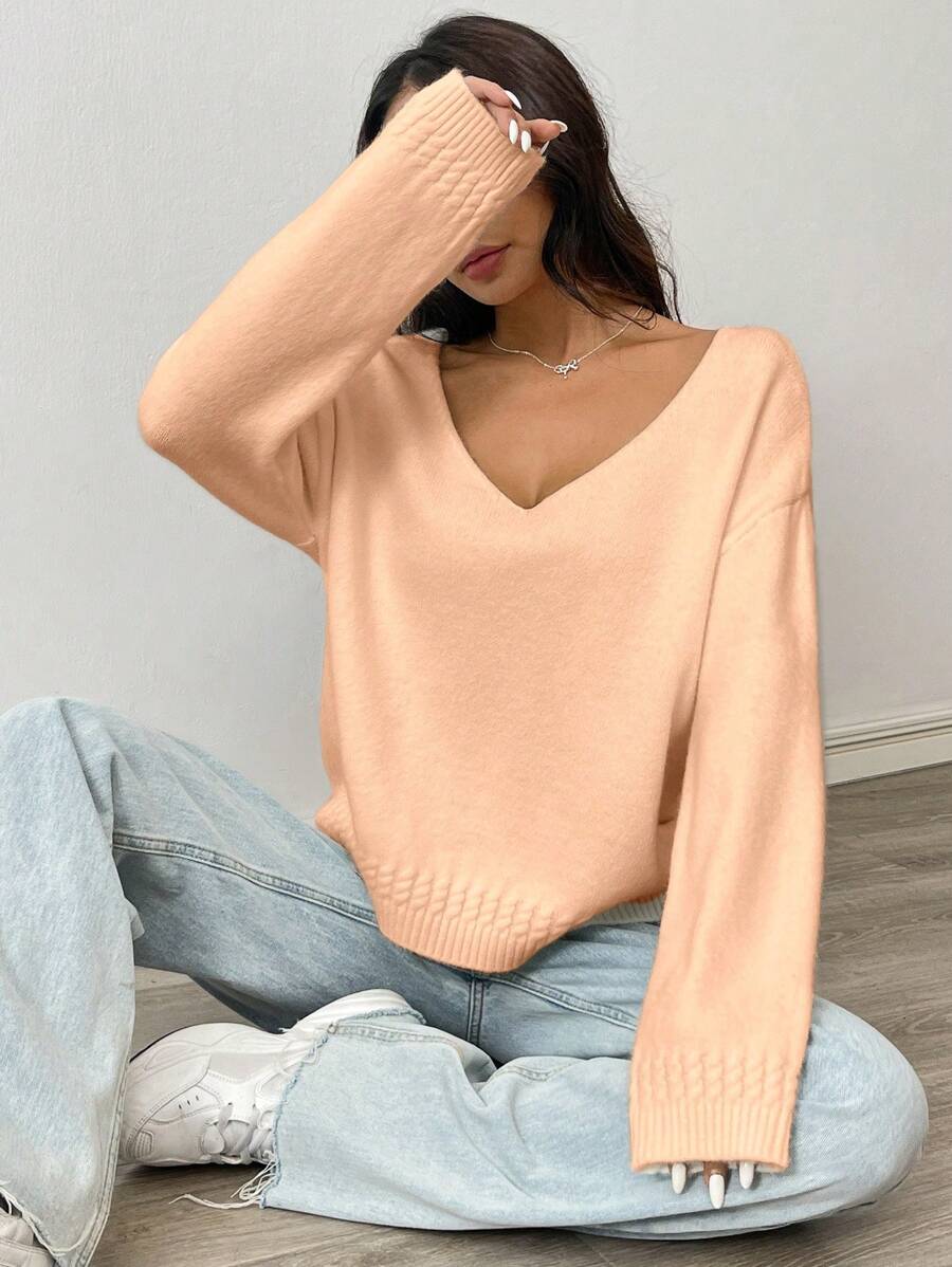 SHEIN Unity 女士V领长袖纯色休闲套头毛衣针织衫秋冬款 - 橘色 - 查看 1