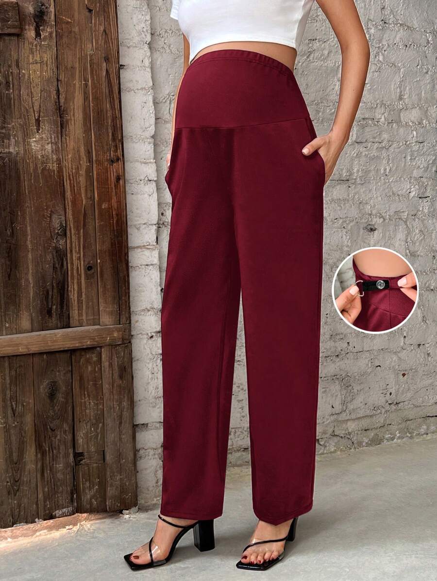 SHEIN Maternity Solid Color Adjustable Waist Straight Leg Relaxed Casual Pants - Burgundy - View 1