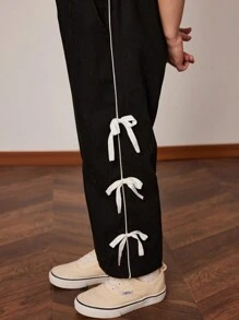 PrepCrw 年轻女孩灰色编织松紧腰宽松裤，优雅法式大学风，春夏 - 黑色 - 查看 6