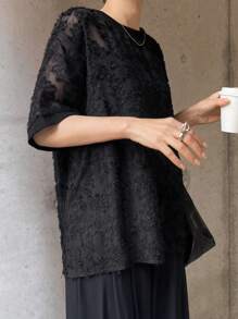 FRIFUL Women's Sheer Lace Loose Fit Round Neck Blouse - Black - View 5