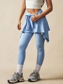 VARSIVA 腰带，不对称百褶裙，修身瑜伽女式运动紧身裤 - 藍色 - 查看 5