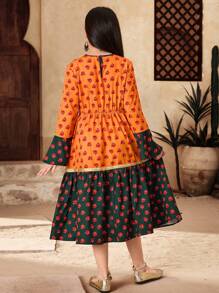 SHEIN 少女节日度假休闲茜草玫瑰复古印花拼接长袖连衣裙 - 橘色 - 查看 2