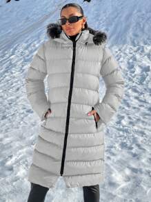 EURMUSE Áo khoác mùa đông lông giả lót lông có khóa kéo đôi - Màu Xám nhạt - Xem 4