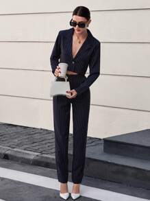 EURMUSE Women Front Button Long Sleeve Striped Minimalist Top And Pants Suit Set - Navy Blue - View 7