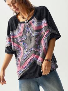 Bohemela BOHO Women's Casual Knitted Embroidered Star Pattern Round Neck Short Sleeve Loose Washed T-Shirt - Black - View 2