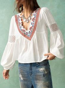 Bohemela Boho Vacation Casual Embroidery V-Neck Women Shirt