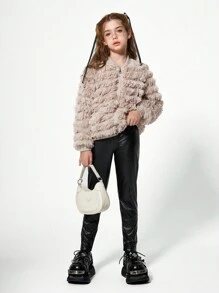 1set Tween Girls Fluffy Zipper Front Baseball Jacket And Pants Set, Autumn/Winter - Khaki - View 4