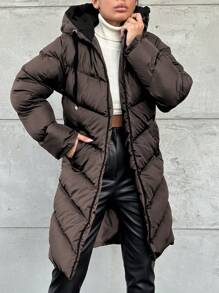 EURMUSE Women's Solid Color Long Sleeve Zipper Front Drawstring Hooded Padded Coat, Winter - Chocolate Brown - View 5