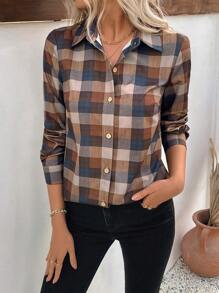 EMERY ROSE Plaid Button Front Shirt,Long Sleeve Tops Fall Cloth For Women - Multicolor - View 1