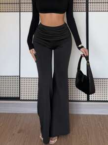 Chiquease Sexy High-Waist Ruffle Hem Flare Leg Stretchy Knit Black Trousers For Women, Autumn/Winter