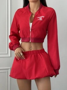 StreetHx Women's Autumn Street Style Red Letter Print Baseball Jacket & Mini Skirt 2pcs/Set, Sporty Look - Red - View 5