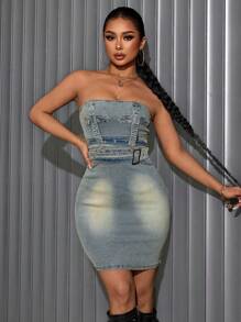 SHEIN SXY Summer New Fashion Retro Halter Denim Dress, Stylish Design, Waist-Defined Slim Fit, Flattering And Age-Reducing Blue Denim Dress - Blue - View 4
