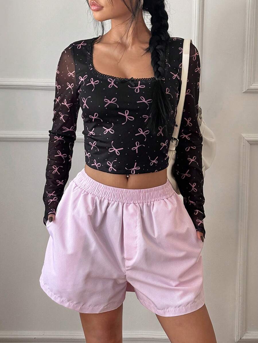 SHEIN Unity Heart & Bow Detail Square Neck Long Sleeve T-Shirt Fall Cloth For Women - Black - View 1