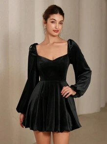 Aveloria Rosie Elegant Vintage Sweetheart Neck Bow Design Velvet Burgundy Peplum Hem Women Dress