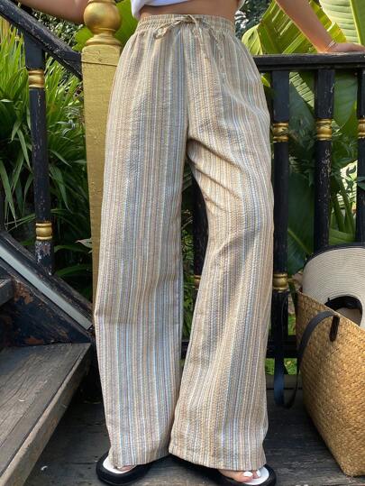 Livesso 보헤미안 스타일 휴가 텍스처 스트라이프 스트레이트 캐주얼 팬츠 여름 여성 바지, 교사 바지