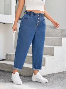 SHEIN EZwear Plus Size Women Button Fly Pocket Tapered Leg Denim Jeans - Medium Wash - View 3