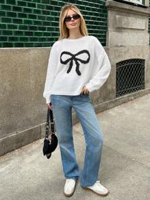 Forever 21 Autumn/Winter New Round Neck Big Bow Color Block Loose Casual Sweater For Girls