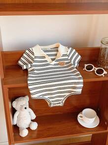 SHEIN 新生男宝宝可爱针织条纹短袖连体衣套装，夏季