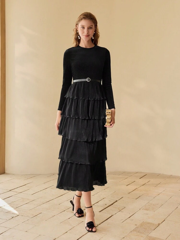 PLEATED RUFFLE LAYERED HEM DRESS