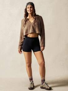 VARSITIE Women V-Neck Long Sleeve Simple Casual Crop Top T-Shirt & Tank Top Set