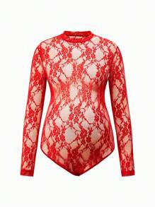 SHEIN Body de manga larga con cuello redondo y encaje rojo para embarazadas, traje ajustado apto para sesión de fotos